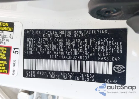 2023 Toyota Camry Le z USA, uszkodzony, nr VIN 4T1C11AK3PU788237